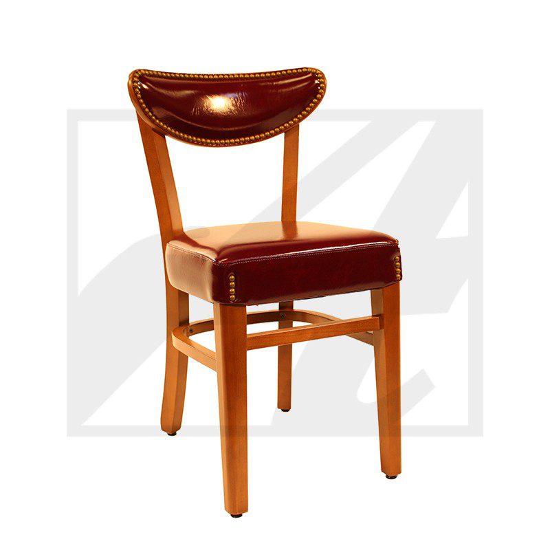 Wooden chair with cushioned seat and curved backrest.