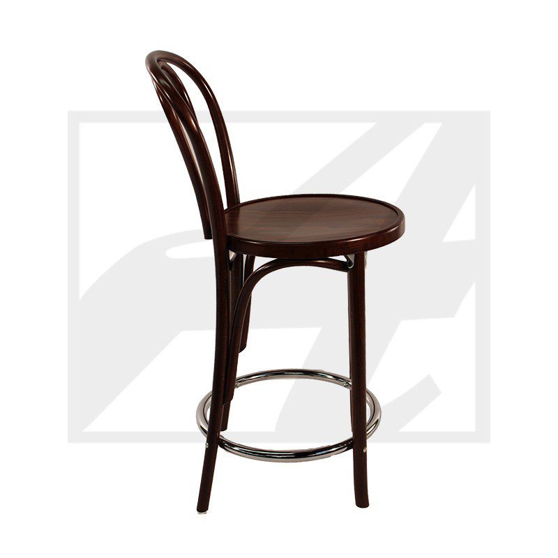 Classic wooden bar stool with a curved backrest and round seat.