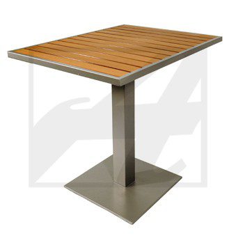 A modern square wooden table with a metal pedestal base.