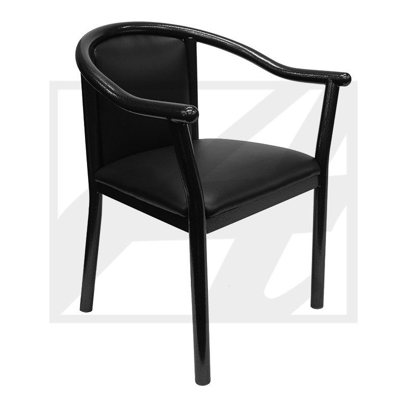 Modern black armchair with a curved backrest and cushioned seat.