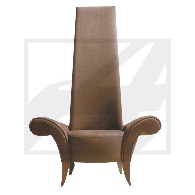 Unique tall-backed brown leather chair with curved wooden armrests.