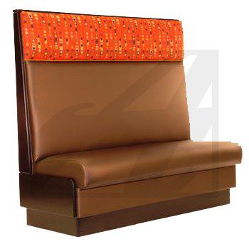Brown leather booth seating with an orange patterned backrest.
