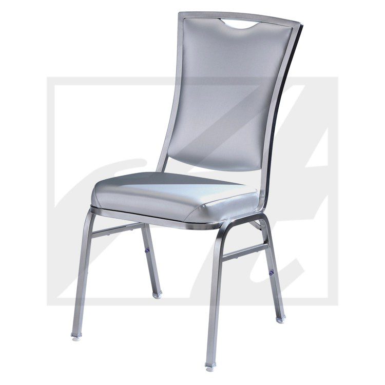 Modern gray metal chair with cushioned seat and backrest.