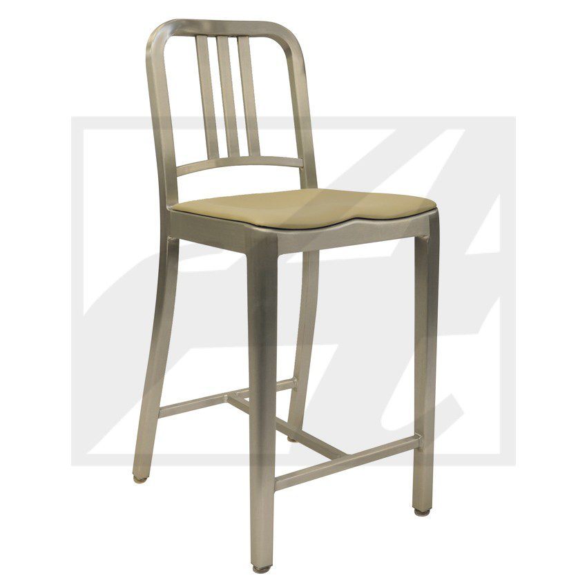 Metal bar stool with a simple backrest and footrest.