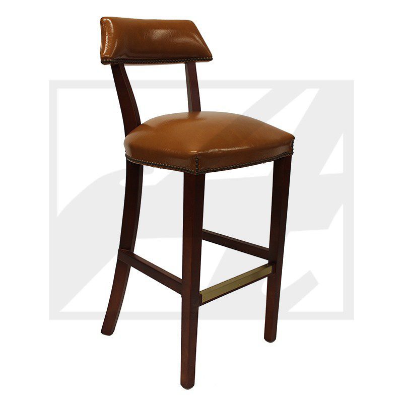 Brown leather bar stool with wooden frame and backrest.