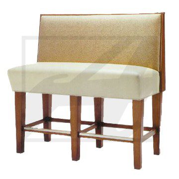 A two-seater bench with a woven backrest and cushioned seat.
