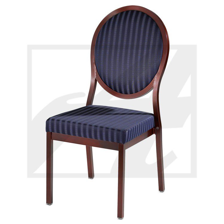 Classic wooden chair with blue striped upholstery and rounded backrest.