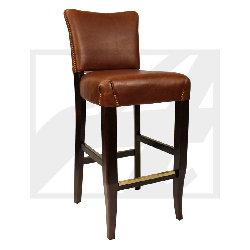 Brown leather bar stool with wooden legs and backrest.