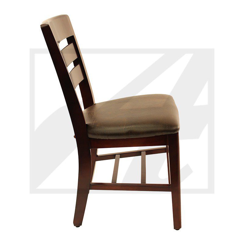 Wooden dining chair with cushioned seat and ladder back design.