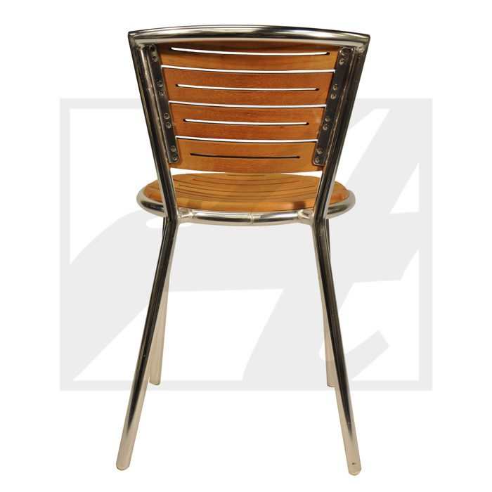 Metal and wood chair with a sleek design, viewed from the back.