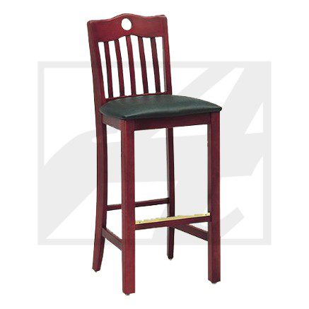 Wooden bar stool with a cushioned seat and slatted backrest.