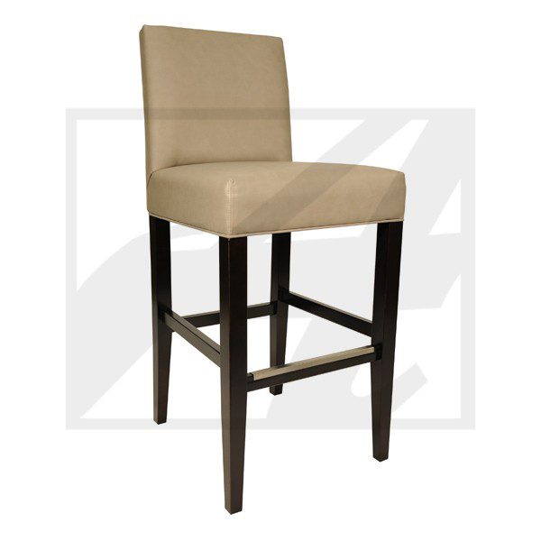 Beige upholstered bar stool with dark wooden legs and footrests.