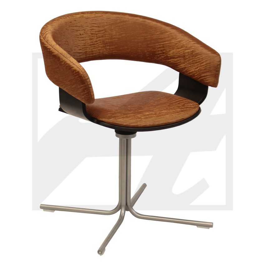 Modern brown swivel chair with a curved backrest and metal base.