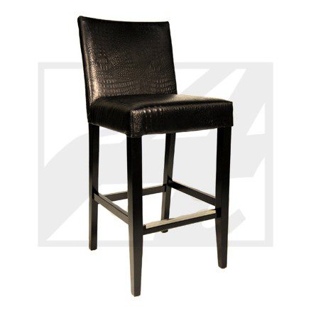Elegant black leather bar stool with wooden legs and footrest.
