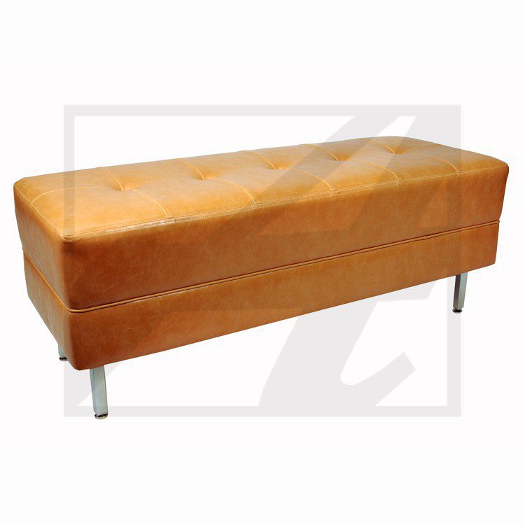 Rectangular brown leather ottoman with metal legs.