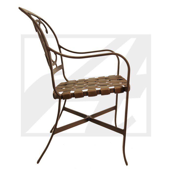 Elegant metal chair with a woven seat and curved armrests.