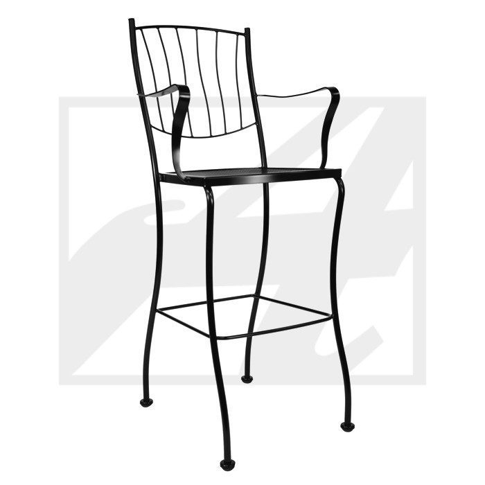 Black metal bar stool with armrests and a backrest.