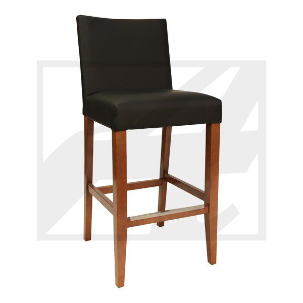 Upholstered bar stool with wooden legs and footrest.