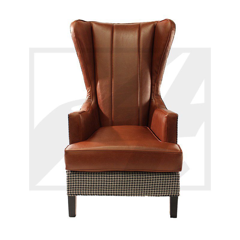 Elegant brown leather wingback chair with wooden legs.