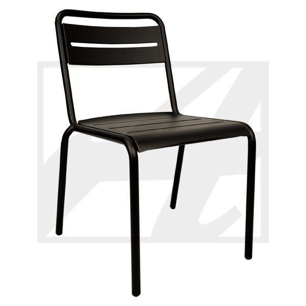 Black metal chair with horizontal slats and simple design.