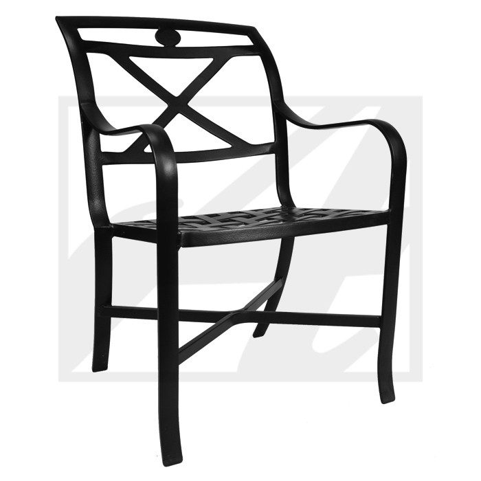 Elegant black metal chair with a modern design and armrests.