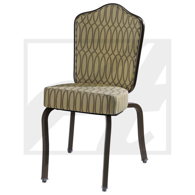 Upholstered chair with patterned fabric and metal legs.