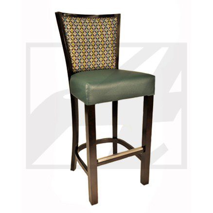Wooden bar stool with a green cushioned seat and woven backrest.