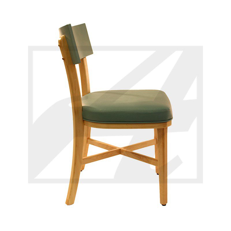Wooden chair with cushioned seat and backrest.