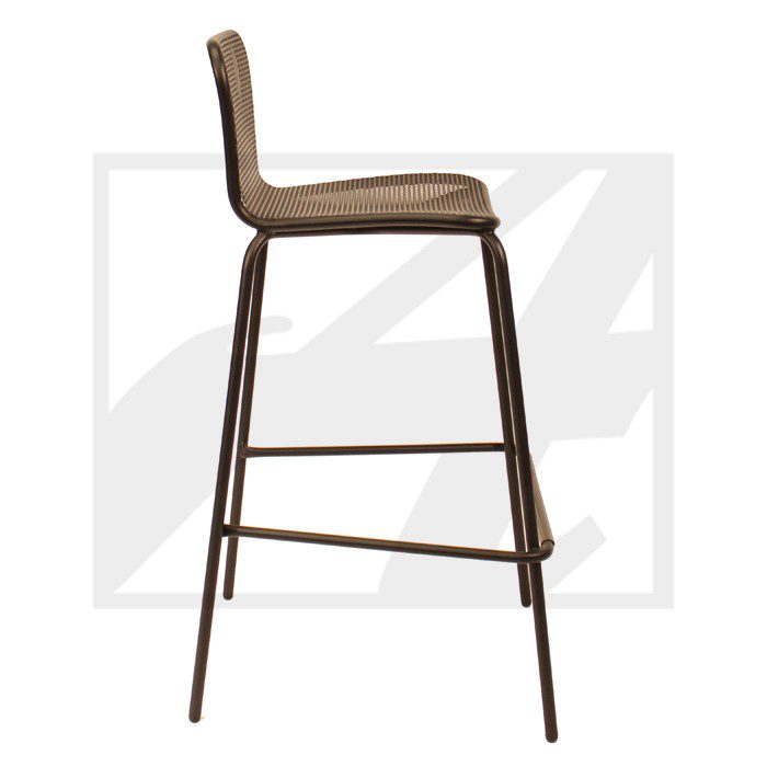 Modern bar stool with brown cushioned seat and metal legs.