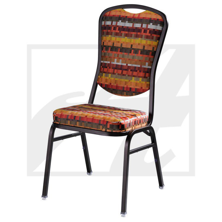 A colorful upholstered chair with a metal frame.