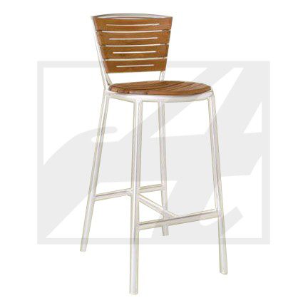 Modern bar stool with wooden seat and white metal legs.