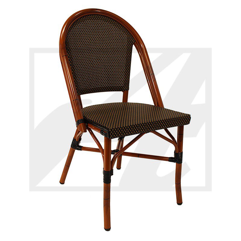 Brown wooden chair with woven seat and backrest.
