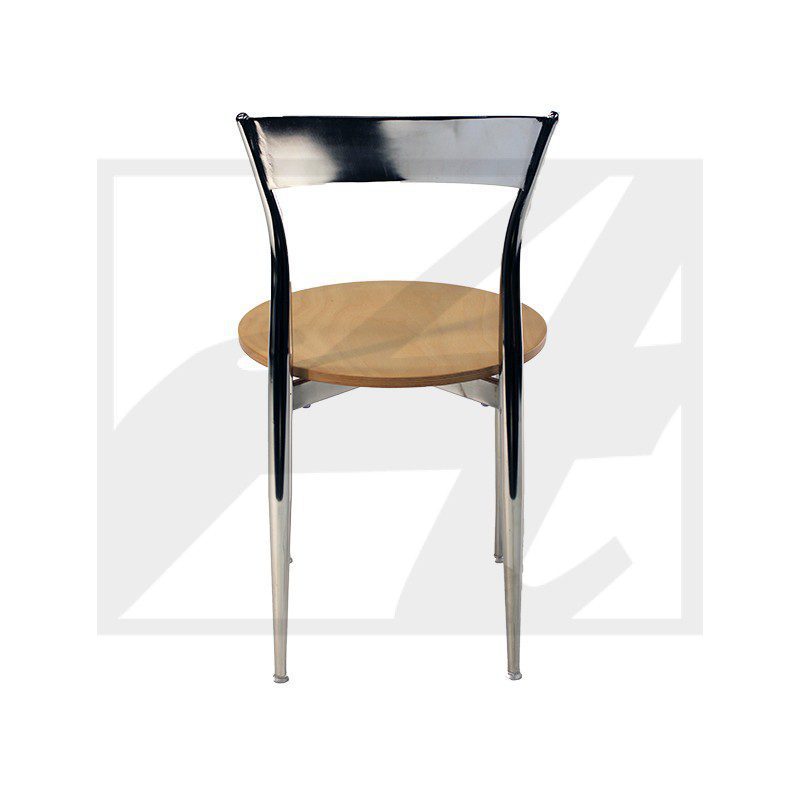 Elegant chair with black frame and wooden seat against white background.