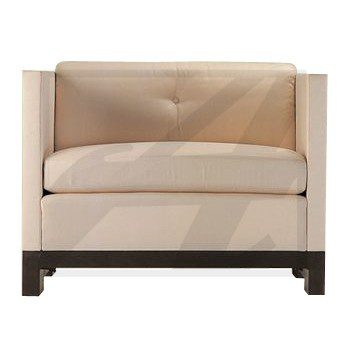 Modern beige armchair with clean lines and dark wooden legs.