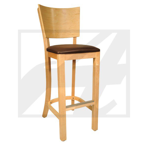 Wooden bar stool with a cushioned seat and curved backrest.