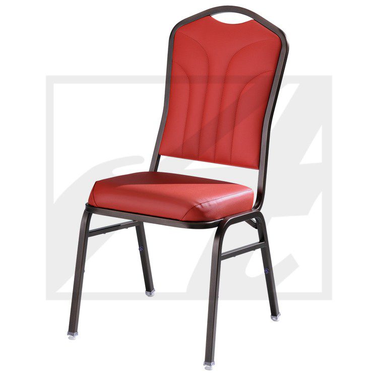 Red cushioned banquet chair with black metal frame.