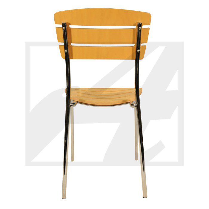 Simple wooden chair with metal frame, viewed from the back.
