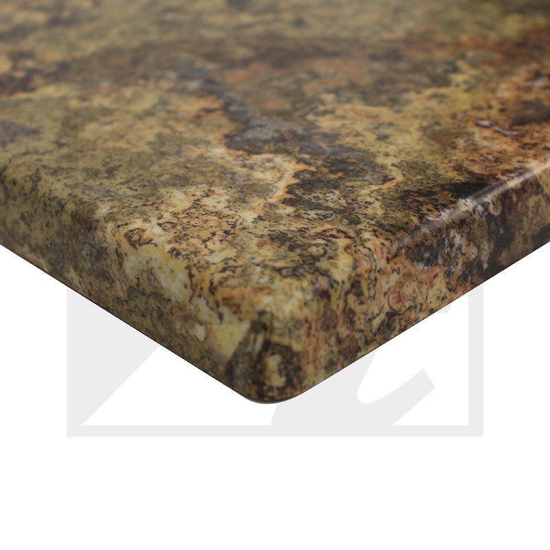 Close-up of a brown marble-patterned countertop edge.