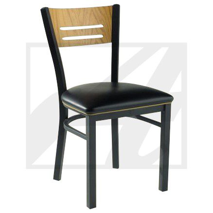 Black metal chair with wooden backrest and cushioned seat.