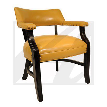 Modern yellow leather armchair with black wooden frame.