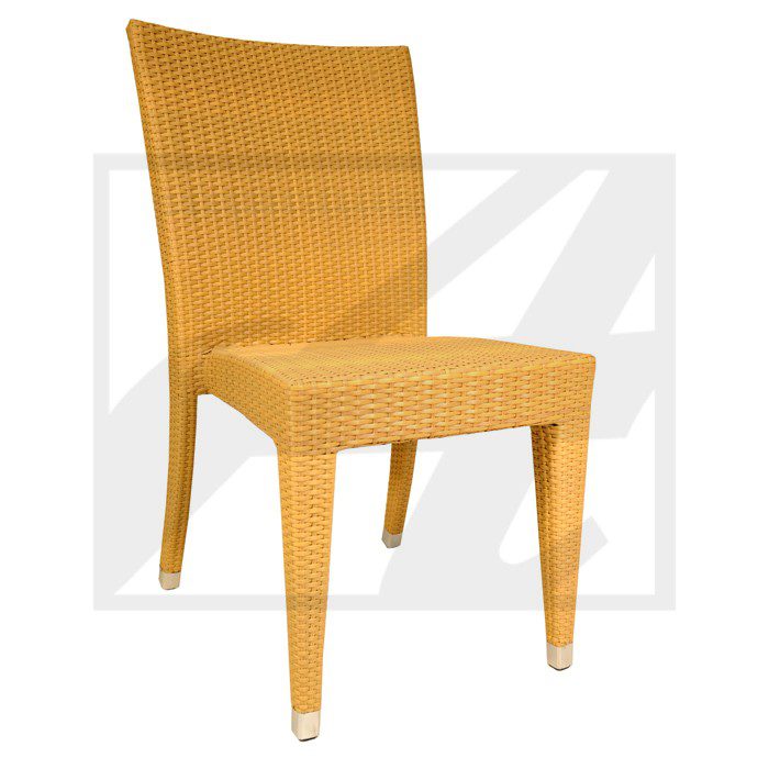A modern wicker chair with a high backrest and four legs.