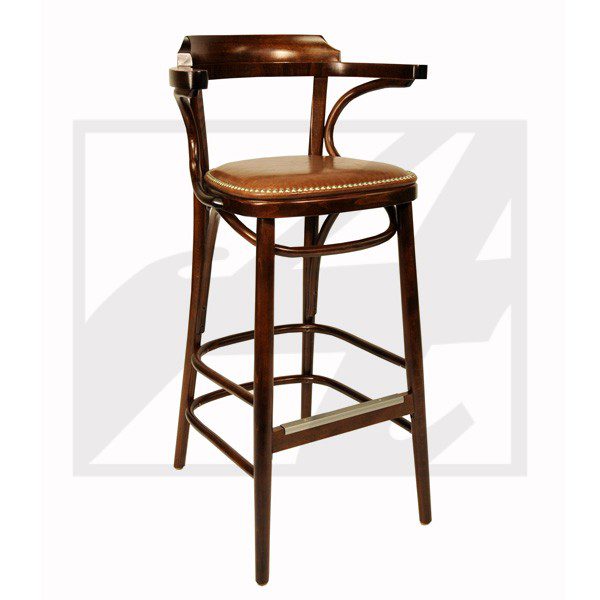 Wooden bar stool with backrest and round seat.