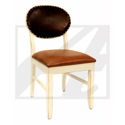 Elegant wooden chair with a dark brown oval backrest and a cushioned seat.