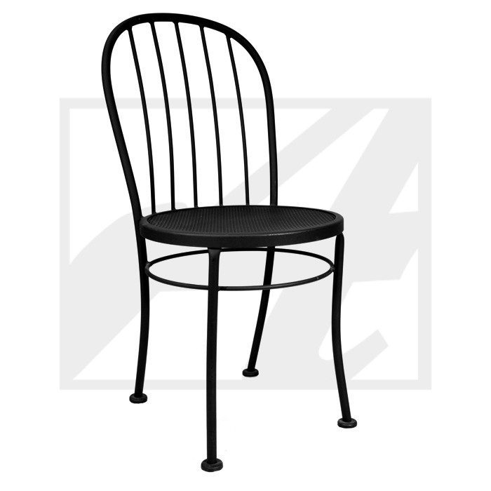 A black metal chair with a curved backrest and round seat.