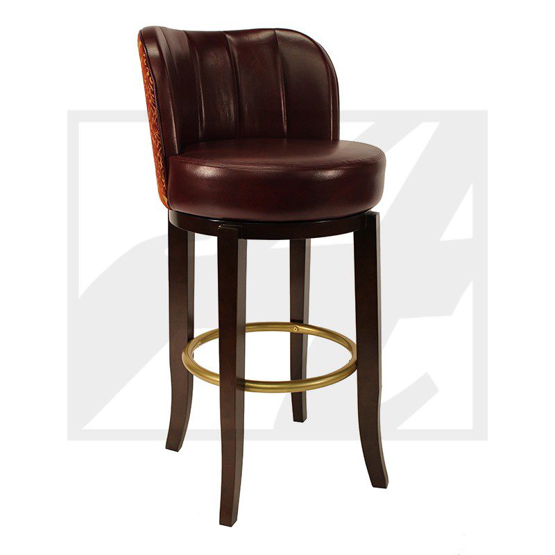 Elegant brown leather bar stool with wooden legs and brass footrest.