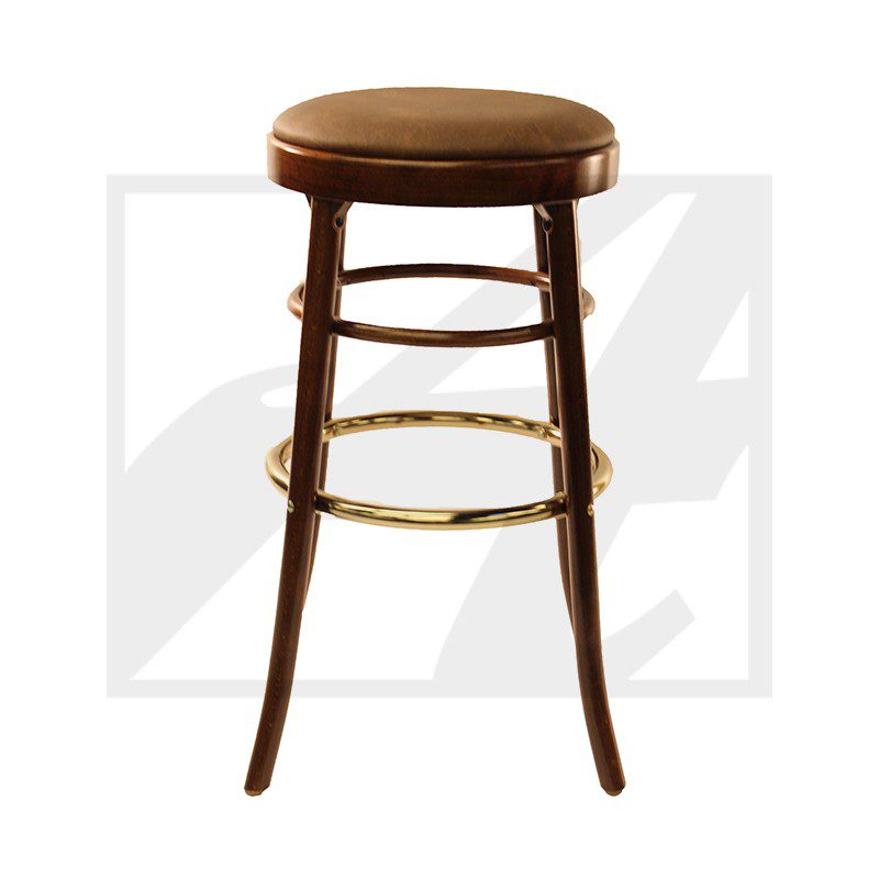Wooden bar stool with a round cushioned seat and metal footrest rings.