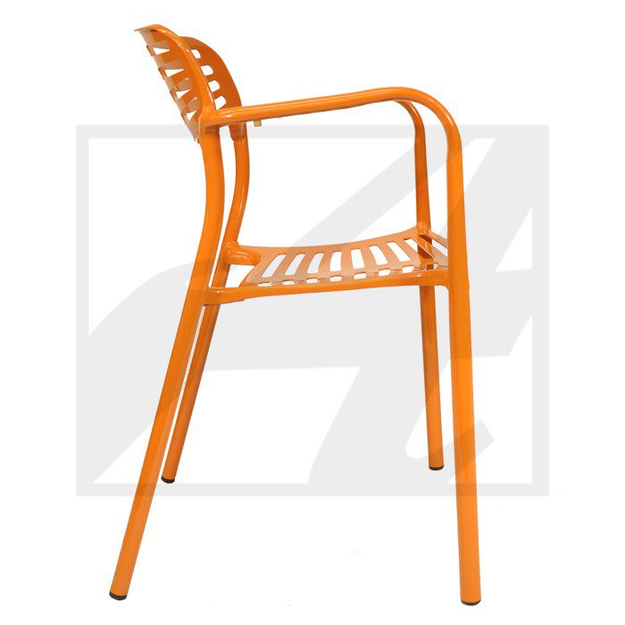 Orange metal chair with a modern design and armrests.