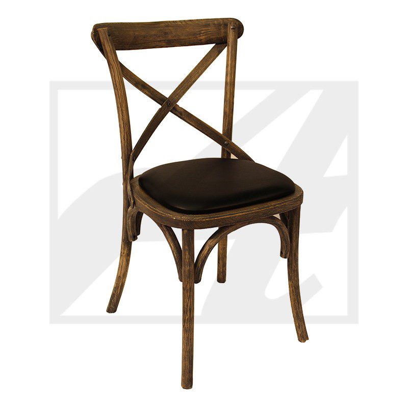 Rustic wooden chair with a cushioned seat and cross-back design.