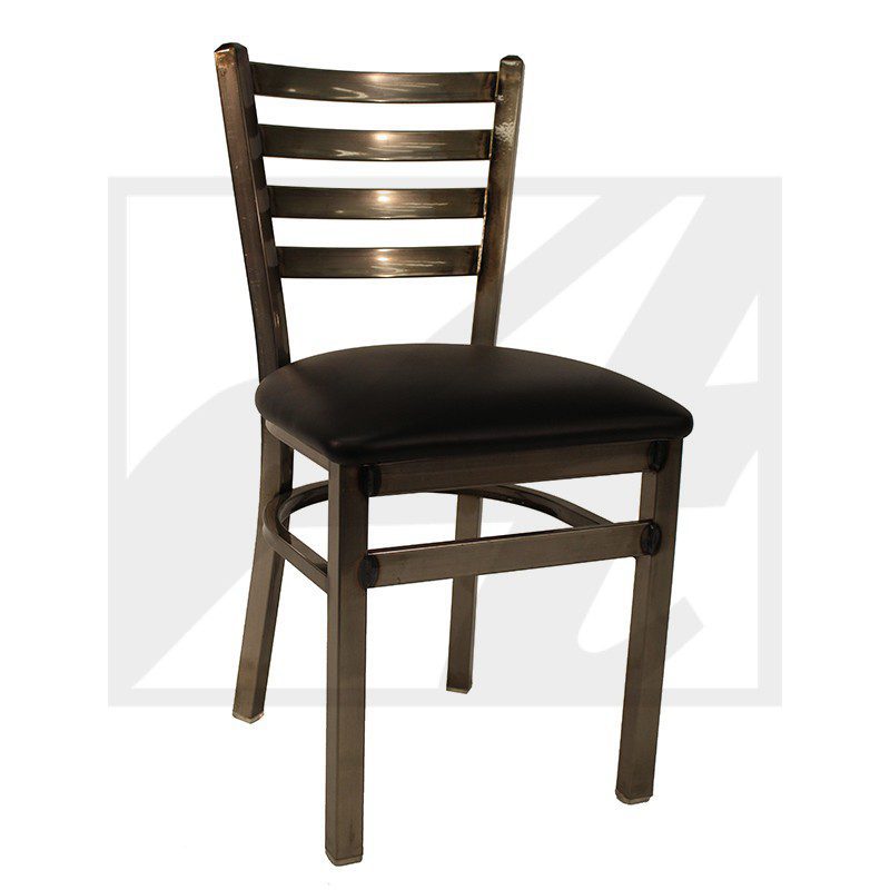 A wooden chair with a cushioned seat and ladder back design.