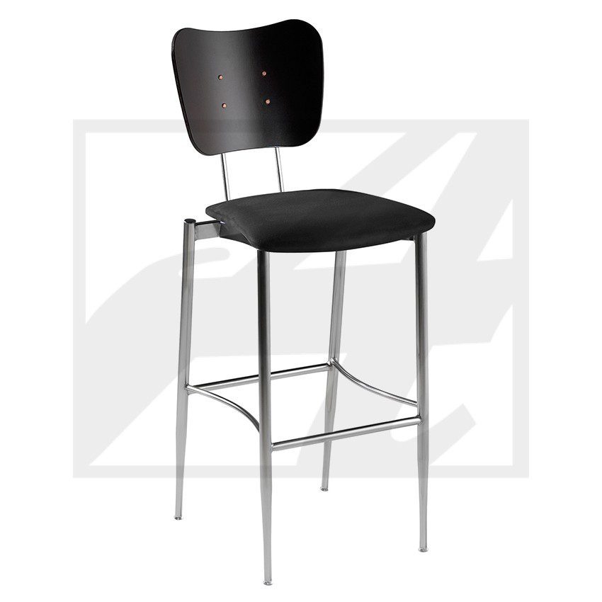 Modern bar stool with black seat and backrest on metal frame.
